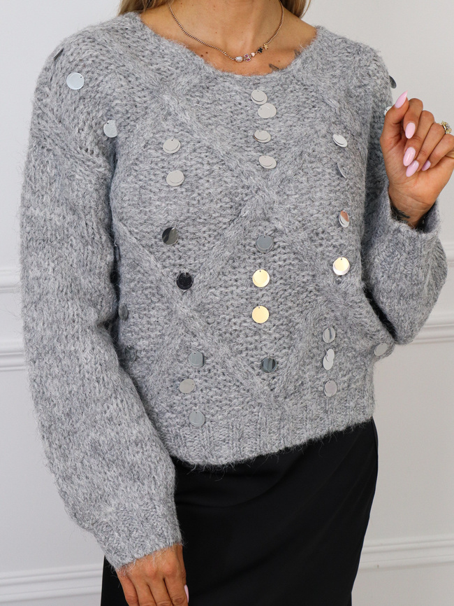 SWETER ONE SIZE Z OZDOBNĄ MIENIACĄ SIĘ APLIKACJĄ-SZARY