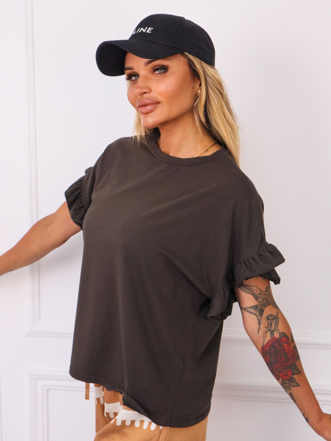 T-SHIRT OVERSIZE Z FALBANAMI NA RĘKAWACH- BRĄZOWY