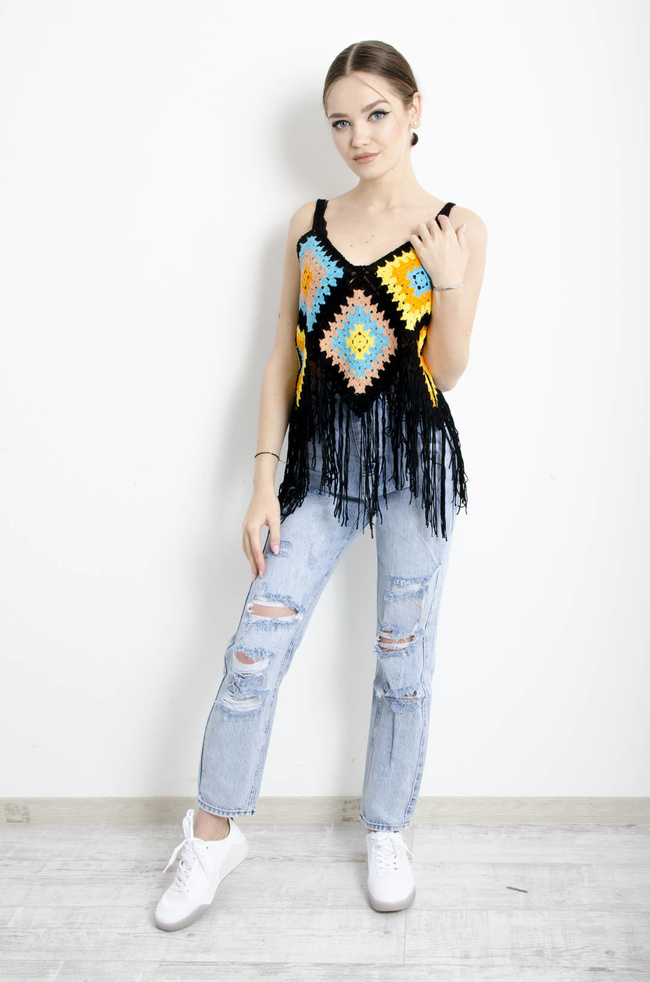 BLUZKA AŻUROWA NA RAMIĄCZKA Z FRĘDZLAMI - CZARNA