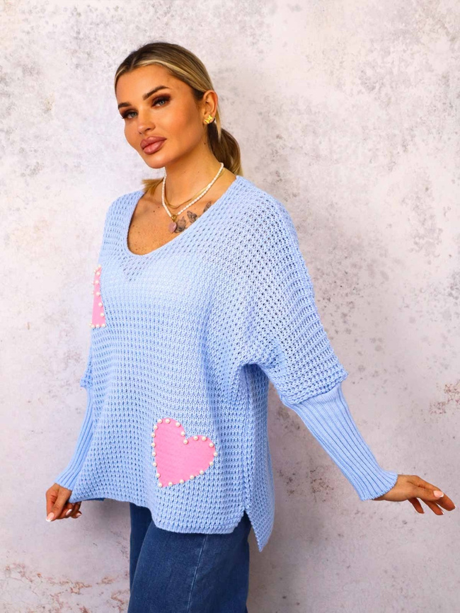 SWETER Z SERDUSZKAMI OVERSIZE- NIEBIESKI