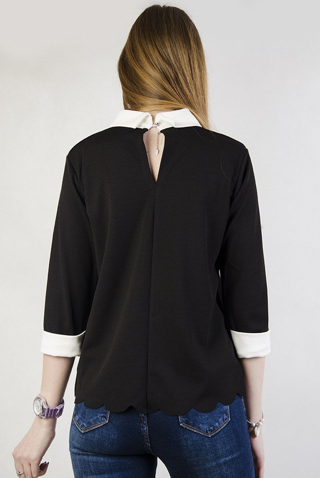 Czarna bluzka z białym kołnierzem oraz perełkami