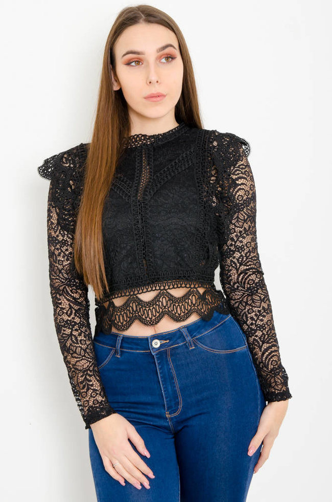 Czarna koronkowa bluzka z zamkiem na plecach