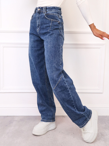 SPODNIE JEANSOWE MOM FIT Z PRZESZYCIAMI- GRANATOWE