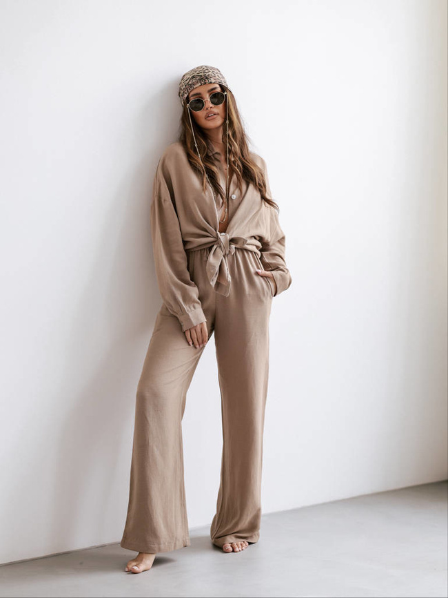 LNIANY KOMPLET KOSZULA+ SPODNIE- BRĄZOWY