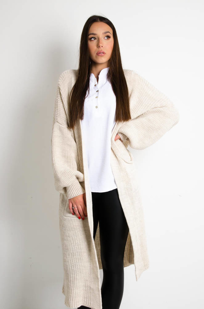 BEŻOWY DŁUGI SWETER KARDIGAN Z SZEROKIMI RĘKAWAMI