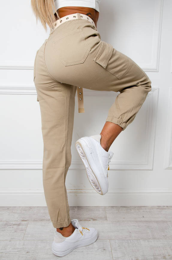 SPODNIE JEANSOWE BOJÓWKI + PASEK - BEŻOWE