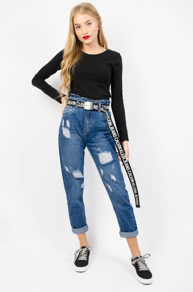 CIEMNE SPODNIE JEANSOWE MOM FIT Z PRZETARCIAMI- WYSOKI STAN