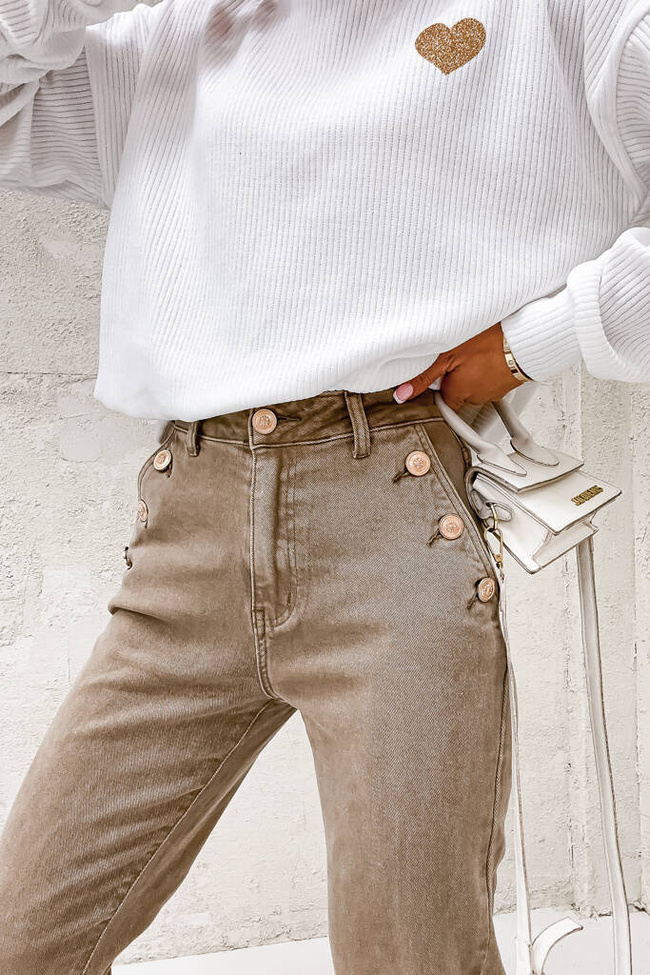 SPODNIE MOM FIT Z OZDOBNYMI GUZIKAMI NA KIESZENIACH - BEŻOWE