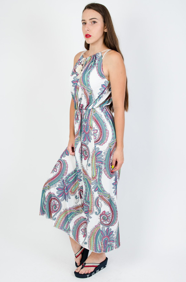 Biała wzorzysta sukienka wiązana w dekolcie