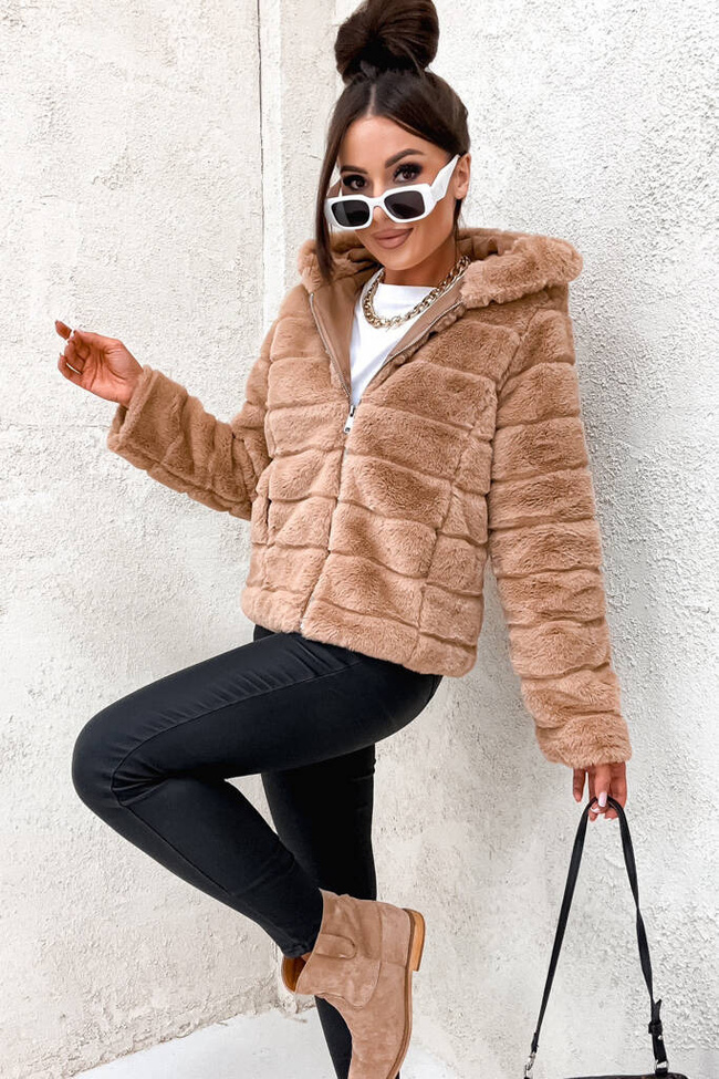 BRĄZOWA FUTRZANA KURTKA Z KAPTUREM