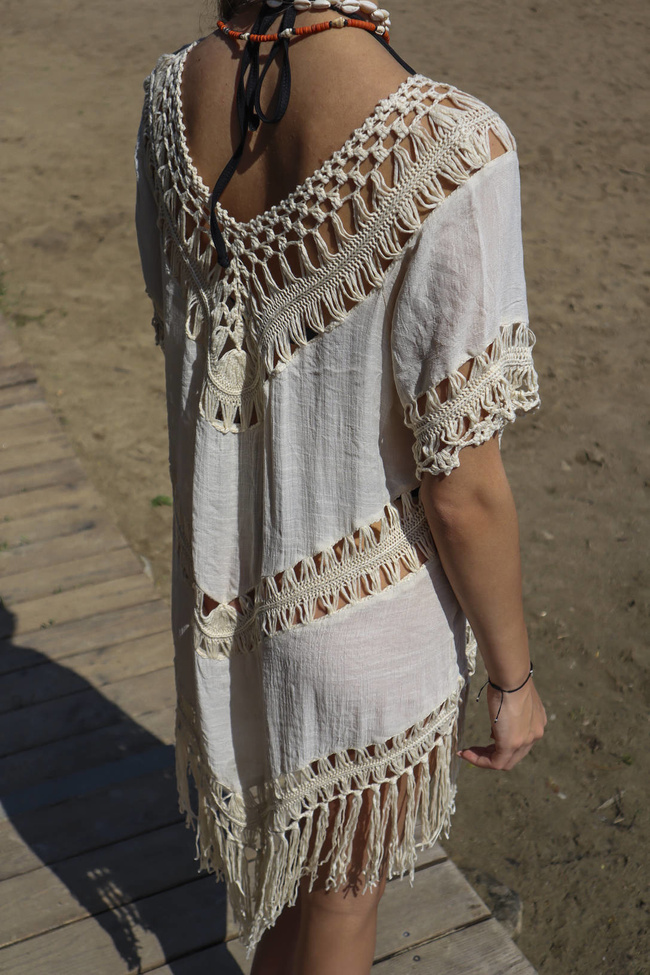 TUNIKA AŻUROWA Z FRĘDZLAMI - BEŻOWA