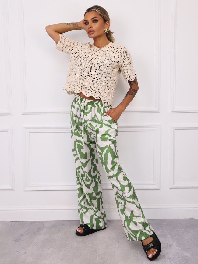 SPODNIE WZORZYSTE Z GUMĄ I WIĄZANIEM W PASIE- ZIELONE