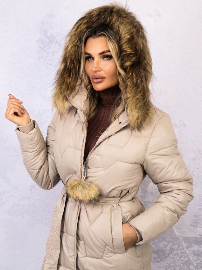 DŁUGA PIKOWANA KURTKA Z FUTERKIEM- BEŻOWA