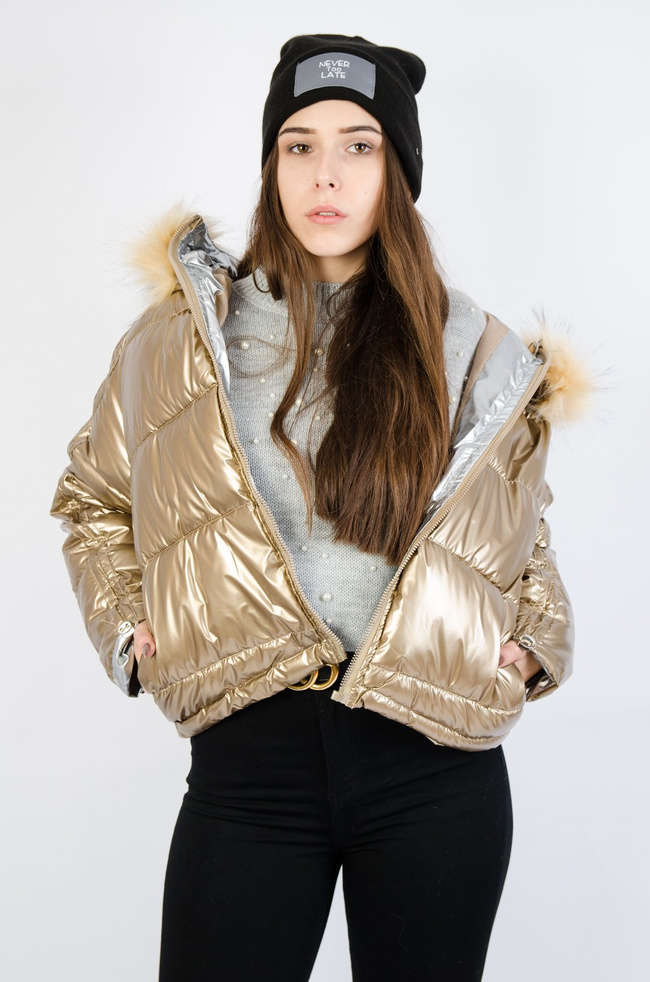 Złota metaliczna bomberka z dwukolorowym futerkiem