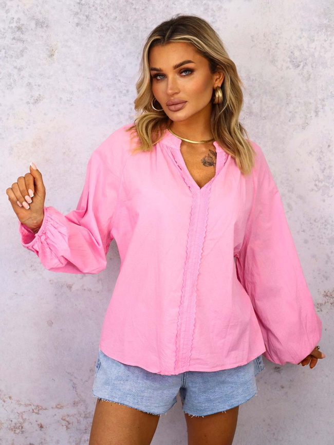 BLUZKA KOSZULOWA Z OZDOBNYM HAFTEM- RÓŻOWA