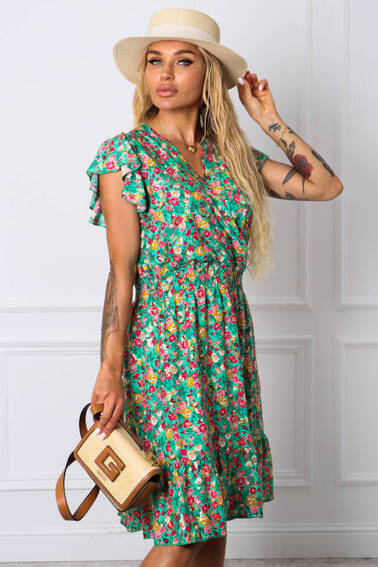 SUKIENKA MINI W KWIATY Z KOPERTOWYM DEKOLTEM- ZIELONA