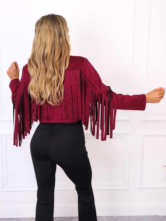 KURTKA Z IMITACJI ZAMSZU Z FRĘDZLAMI- BORDOWA