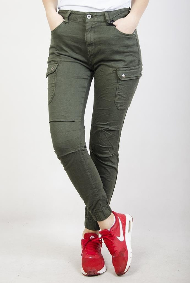 Khaki spodnie joggery z kieszenią z boku