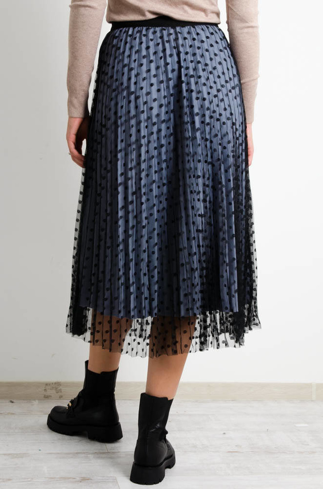 SZARA PLISOWANA SPÓDNICA MIDI Z TIULU W CZARNE KROPKI-DWUSTRONNA