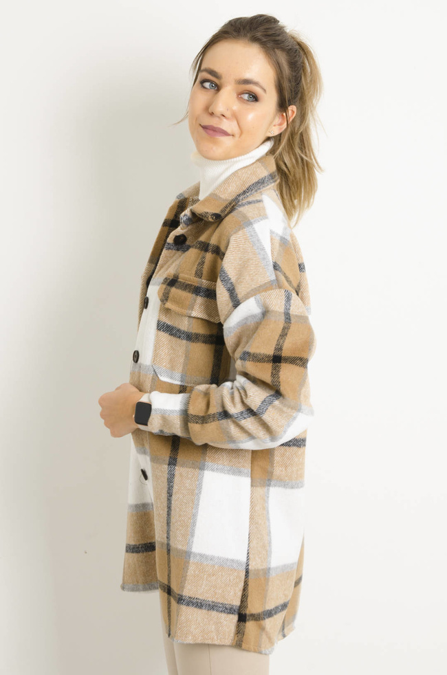 KURTKA KOSZULOWA W KRATĘ- BEŻOWA