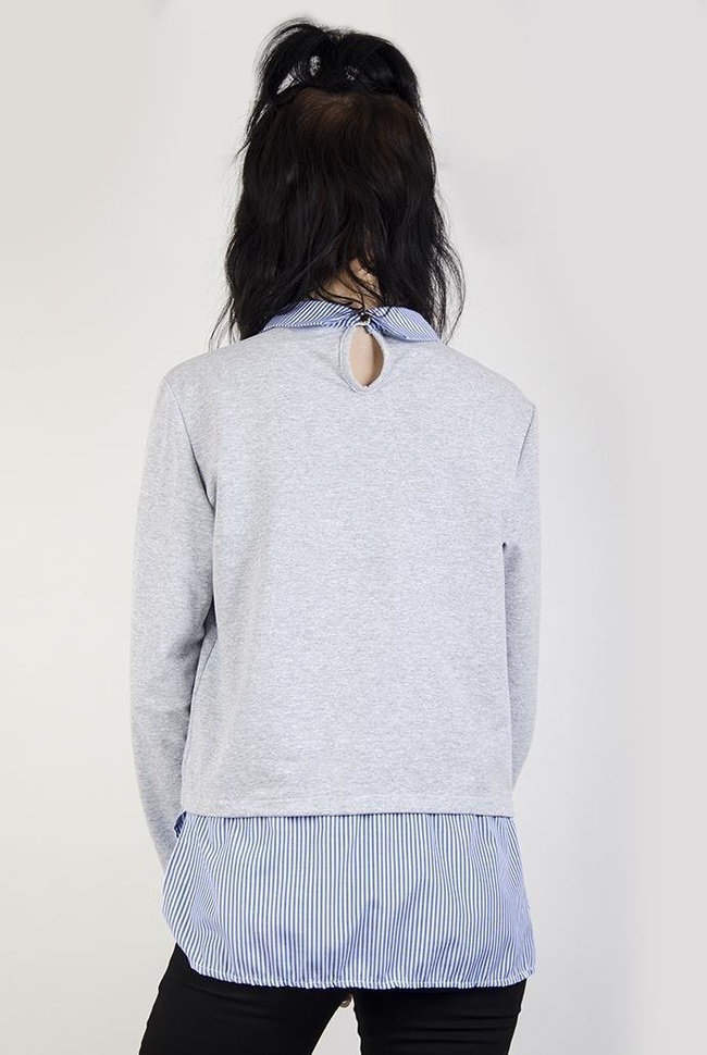 Szara bluzka z koszulowym przedłużeniem i kołnierzykiem