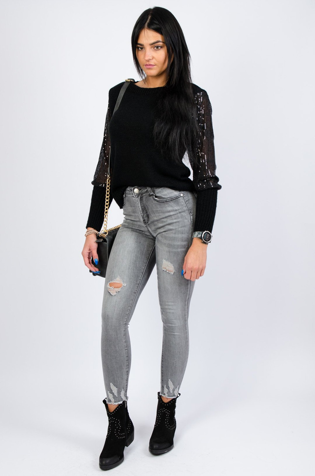 JASNO-SZARE SPODNIE JEANSOWE Z PRZETARCIAMI