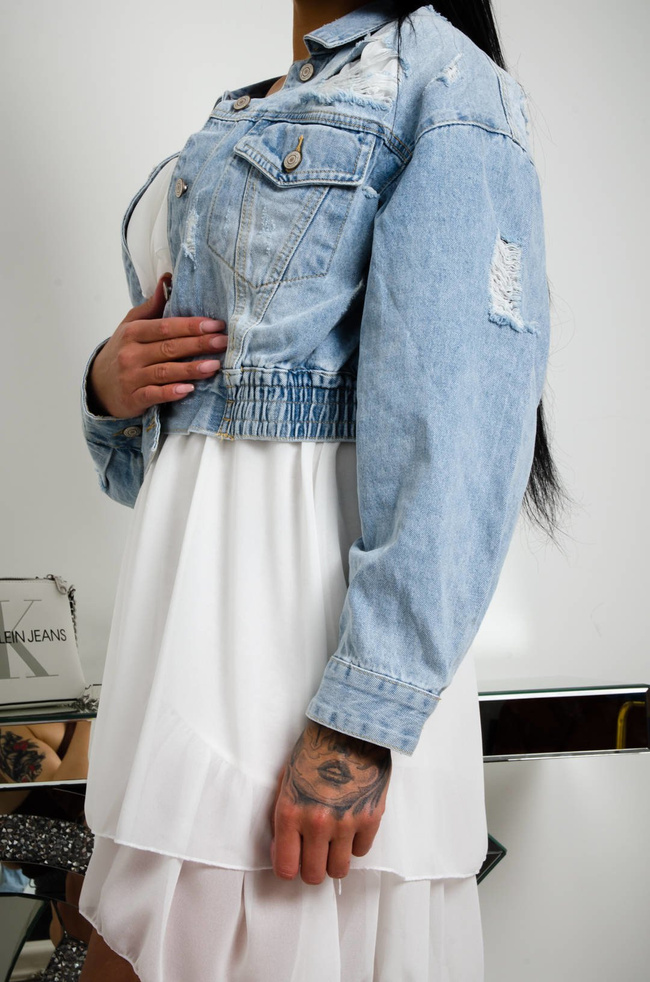 JASNA JEANSOWA KURTKA BOMBERKA Z PRZETARCIAMI