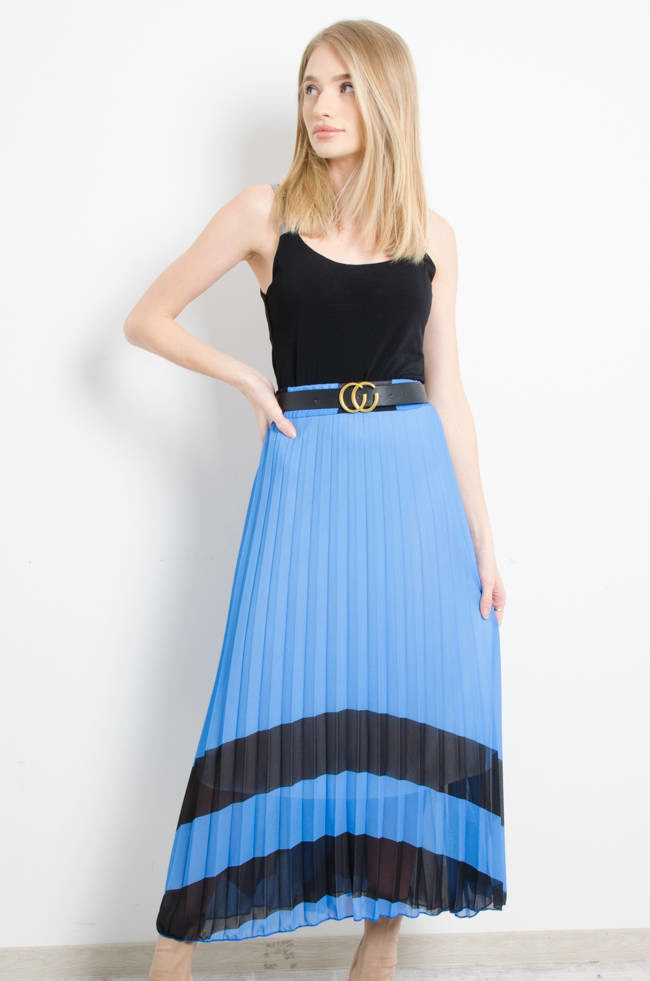 SPÓDNICA PLISOWANA Z PASKIEM - GRANATOWA