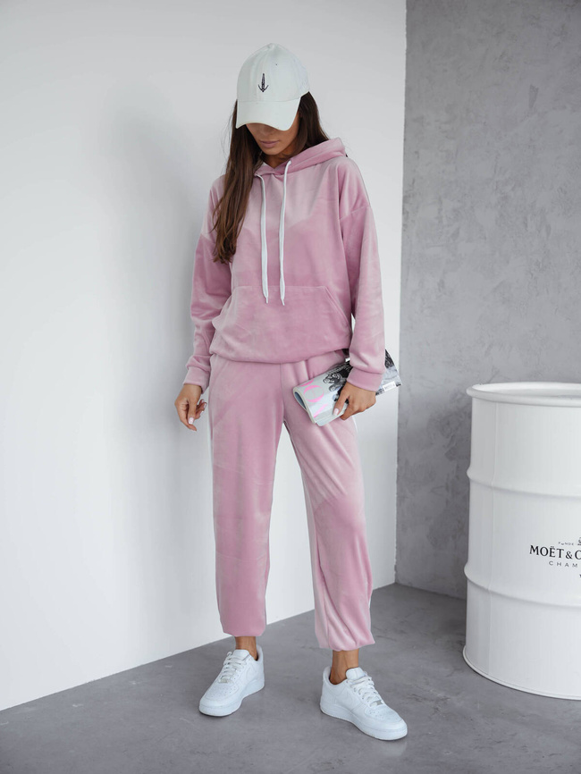 KOMPLET WELUROWY BLUZA+ SPODNIE Z KONTRASTOWYMI LAMPASAMI- PUDROWY