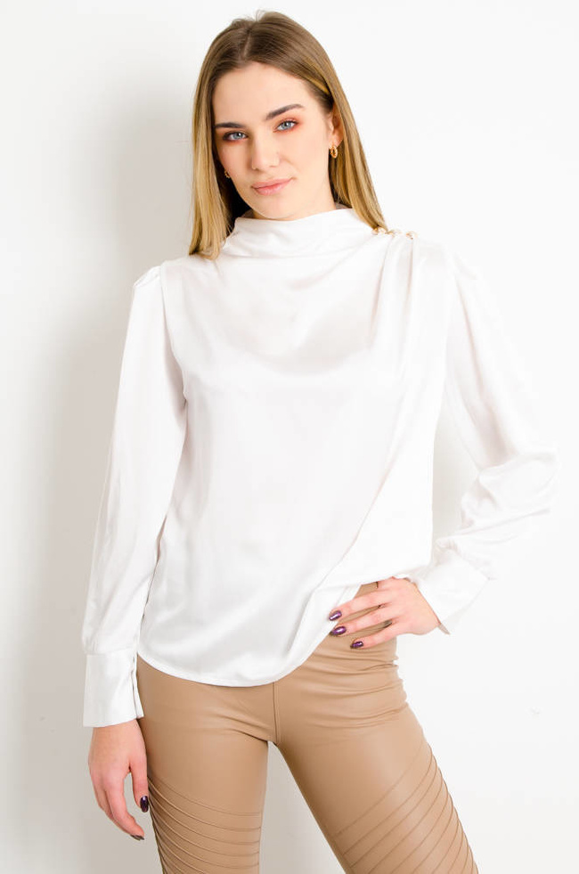 BIAŁA SATYNOWA BLUZKA Z OZDOBNYMI GUZIKAMI NA RAMIONACH 