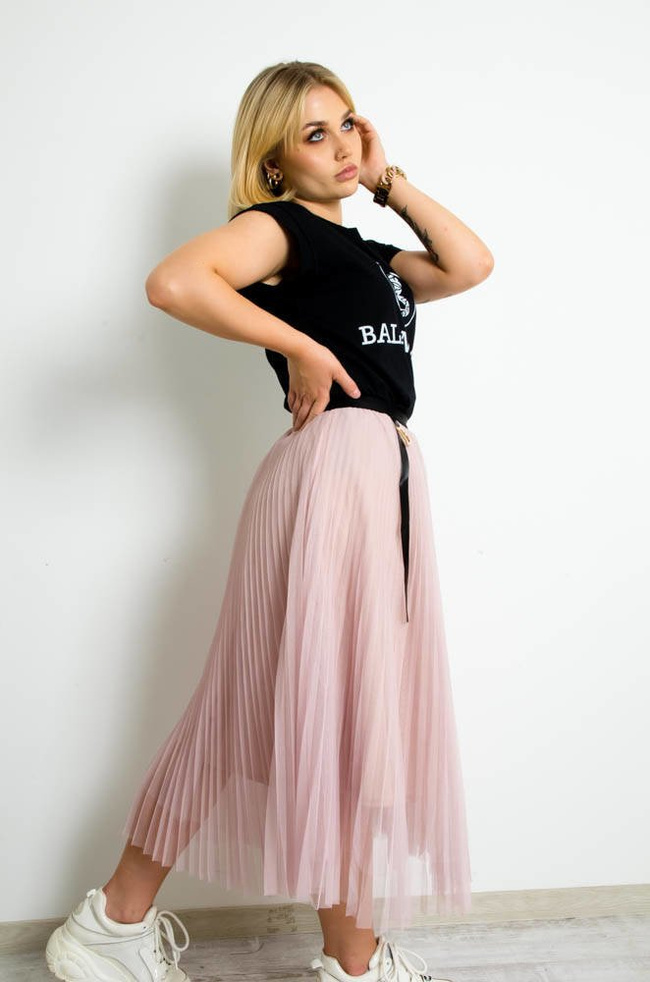 RÓŻOWA PLISOWANA SPÓDNICA MIDI Z TIULU