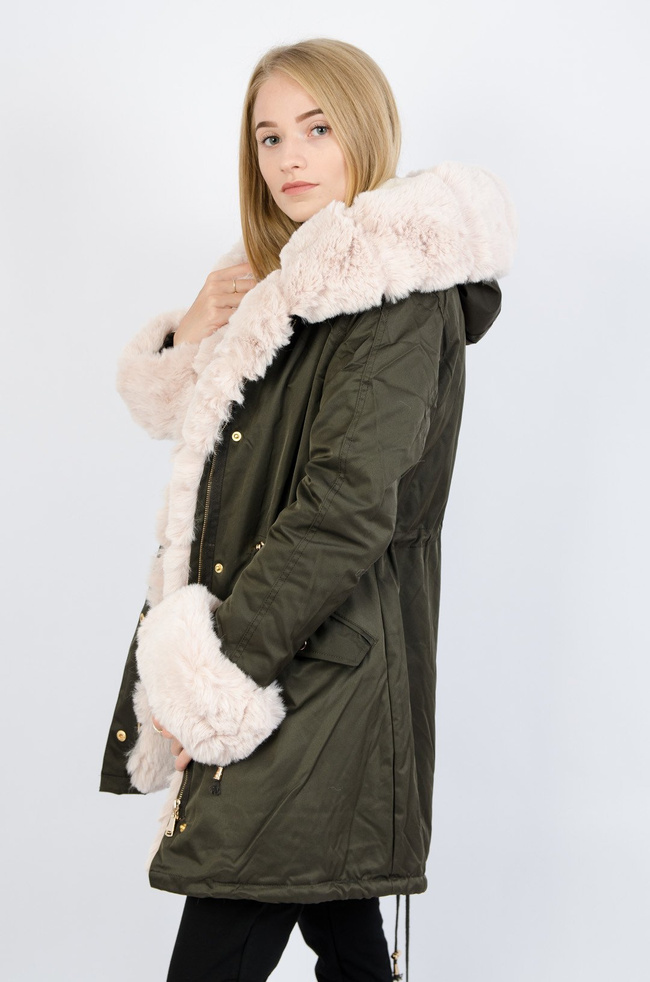 Zielona kurtka parka  z beżowym futerkiem