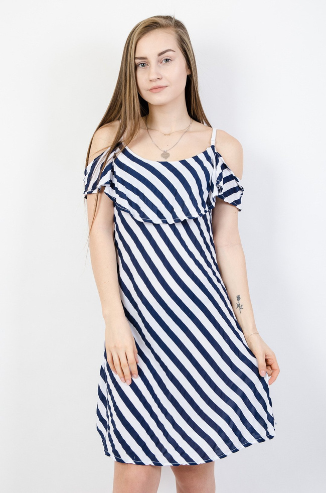 Sukienka w biało-granatowe pasy na ramiączka