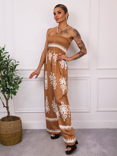 KOMBINEZON WZORZYSTY BEZ RAMIĄCZEK- BRĄZOWY