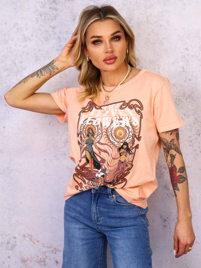 POMARAŃCZOWY DEKATYZOWANY T-SHIRT Z KOLOROWYM PRINTEM