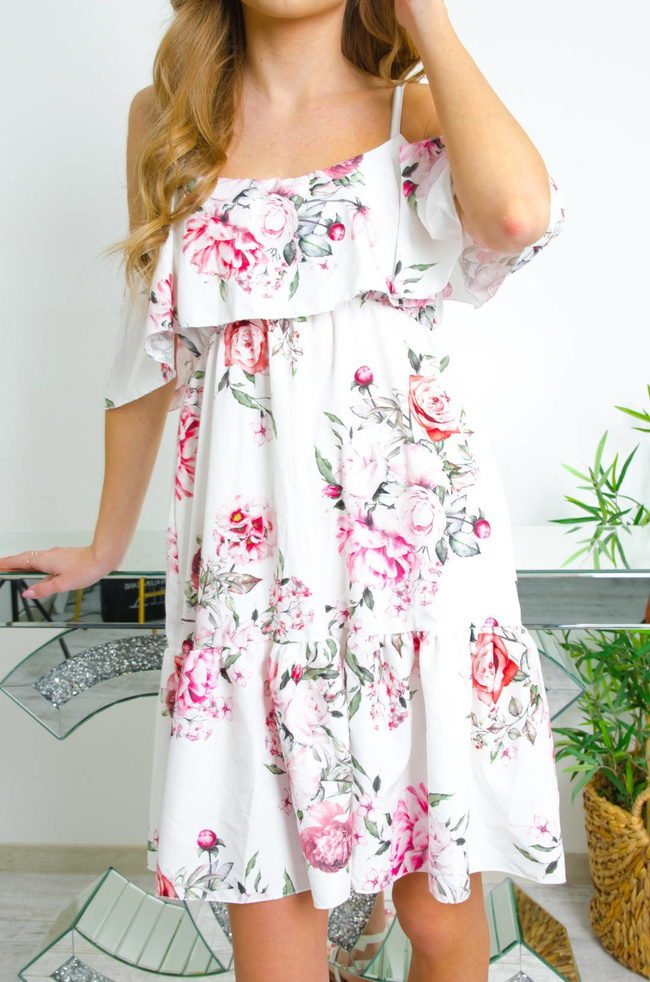 BIAŁA SUKIENKA W KWIATY NA CIENKICH RAMIĄCZKACH