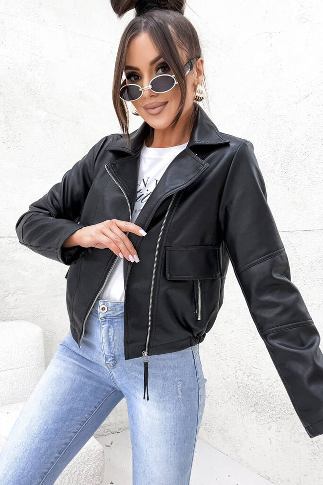 KURTKA Z IMITACJI SKÓRY RAMONESKA BOMBERKA- CZARNA