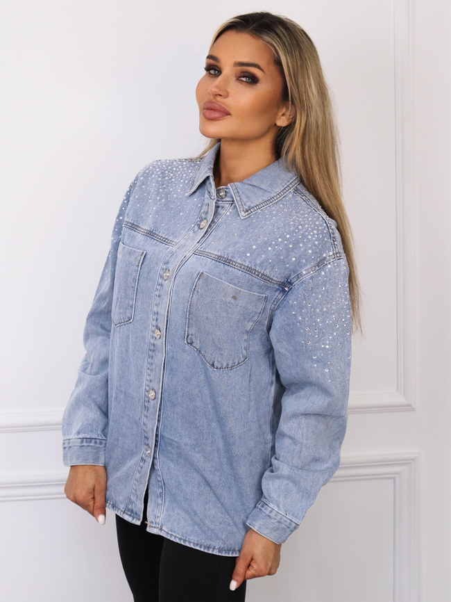 KOSZULA JENASOWA Z CYRKONIAMI NA RAMIENIU I RĘKAWIE- NIEBIESKA