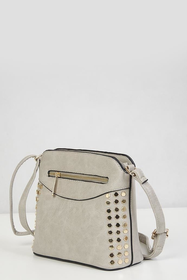 Mała, szara torebka z ćwiekami po bokach