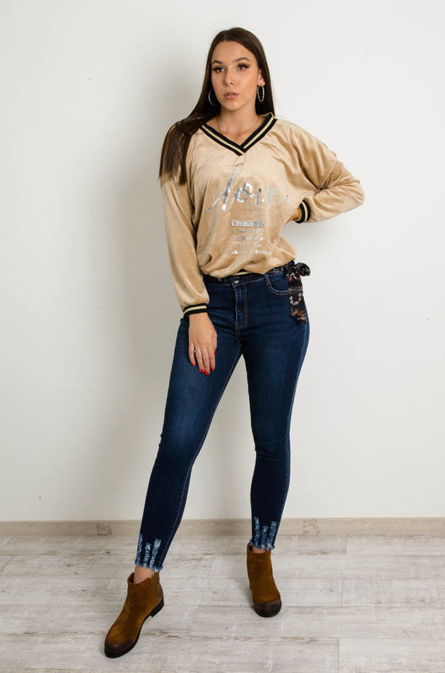 SPODNIE JEANSOWE Z PRZETARCIAMI NA DOLE NOGAWKI-PASEK W ZESTAWIE