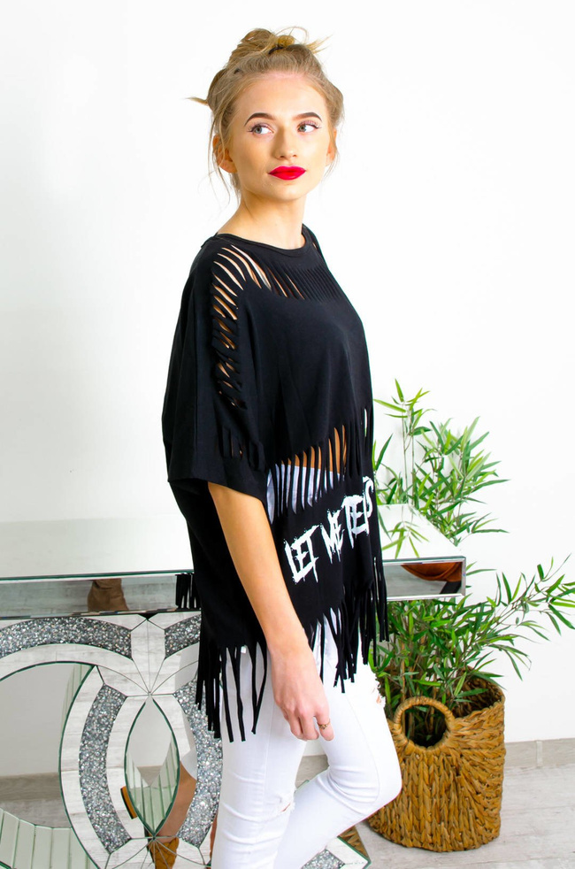 CZARNY BAWEŁNIANY T-SHIRT Z FRĘDZLAMI