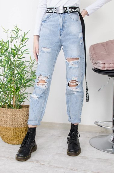 SPODNIE JEANSOWE MOM FIT Z DZIURAMI