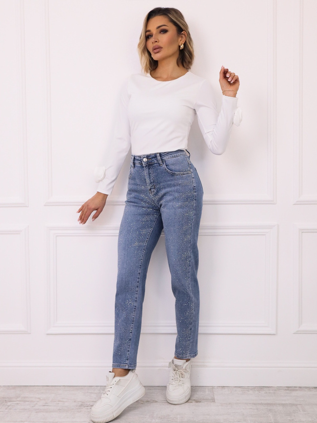 SPODNIE JEANSOWE MOM FIT ZDOBIONE CYRKONIAMI- NIEBIESKIE