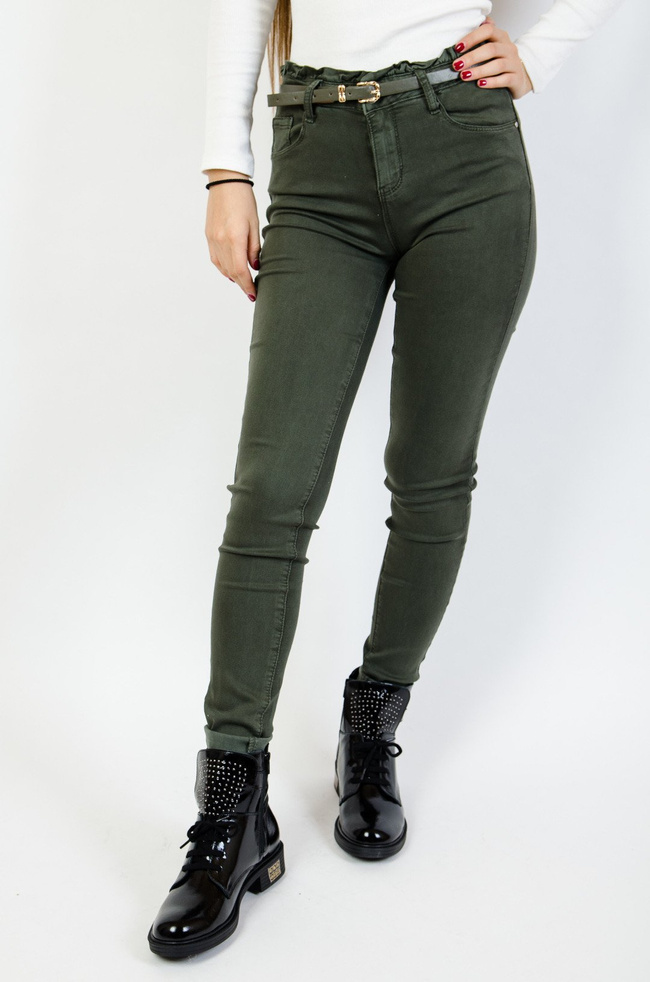 Zielone spodnie skinny z wysokim stanem + pasek