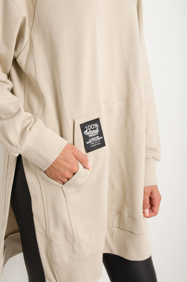 DŁUGA BLUZA KANGURKA Z ROZCIĘCIAMI PO BOKACH- BEŻOWA