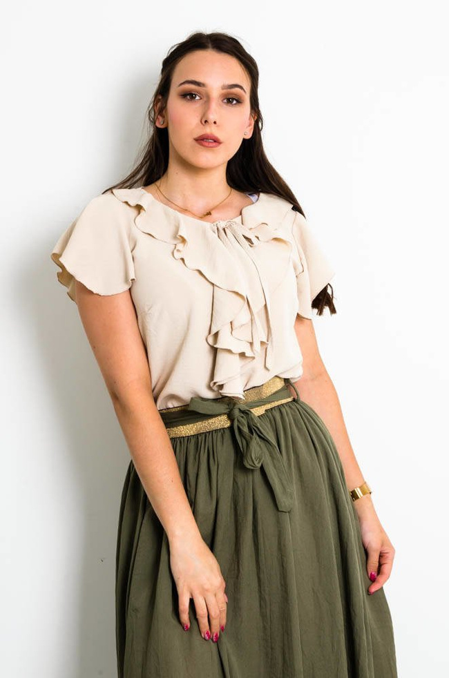 BEŻOWA BLUZKA KOSZULOWA Z ŻABOTEM 