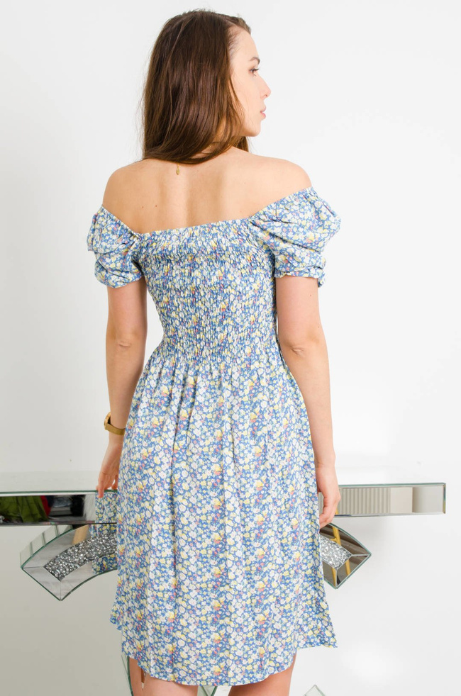 NIEBIESKA SUKIENKA W KWIATY Z BUFKAMI