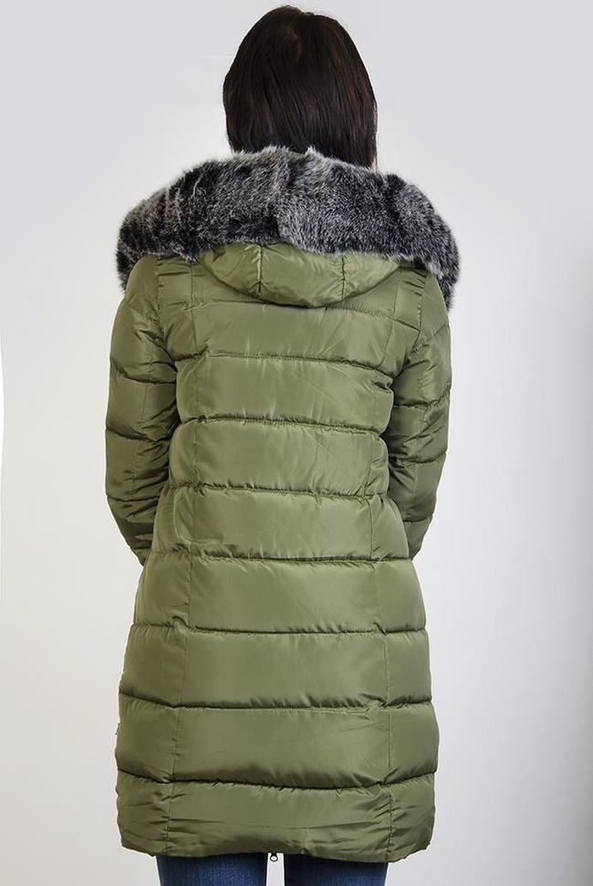 Zielona ocieplana, przedłużana kurtka z futerkiem przy kapturze
