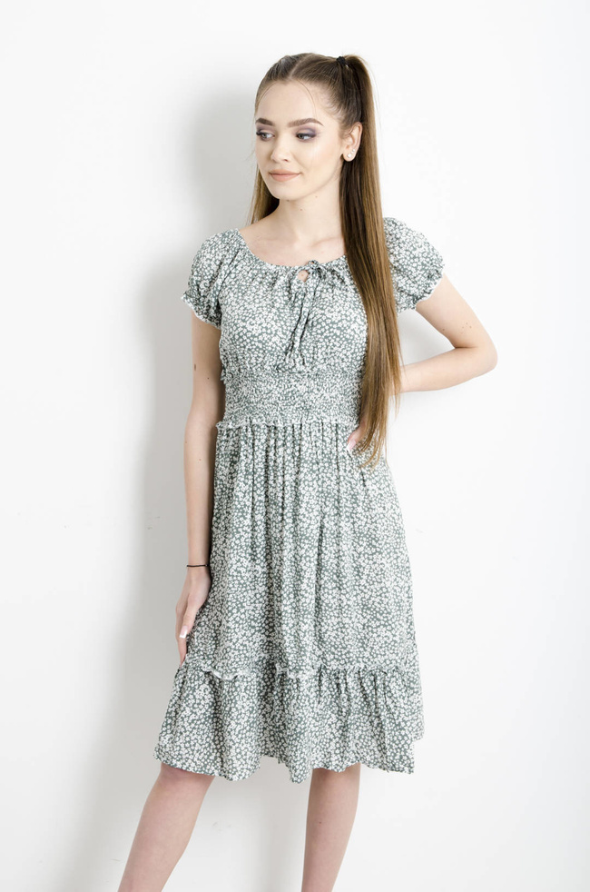 SUKIENKA W KWIATKI Z FALBANKAMI I WIĄZANIEM- ZIELONA