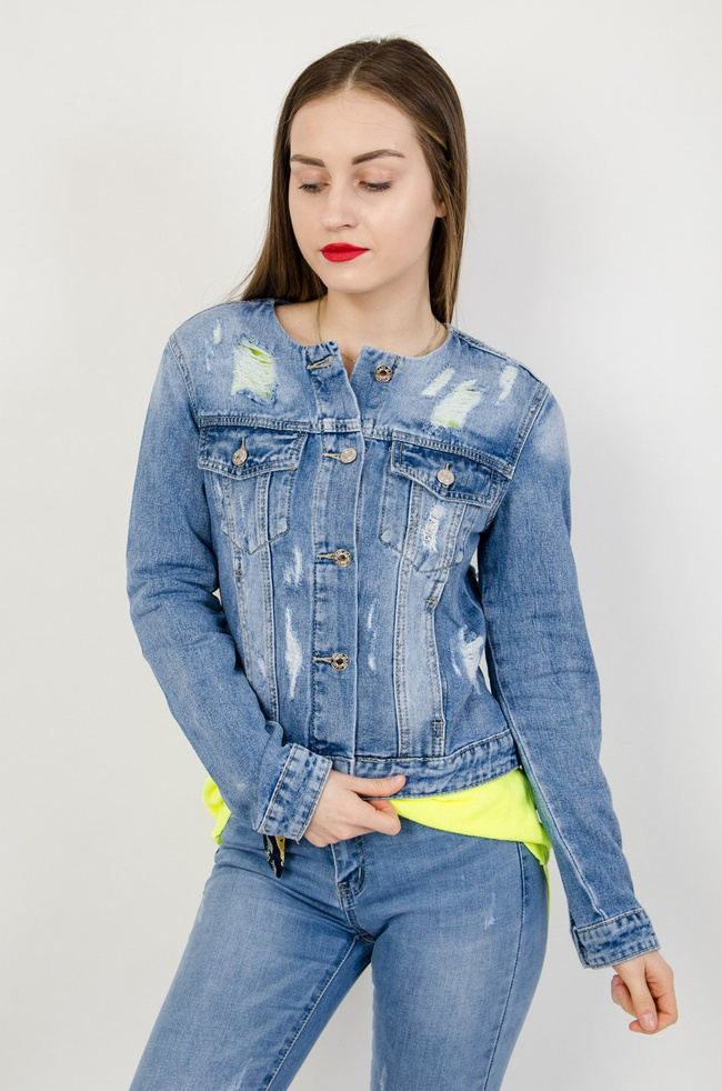 Kurtka jeansowa z przetarciami bez kołnierza